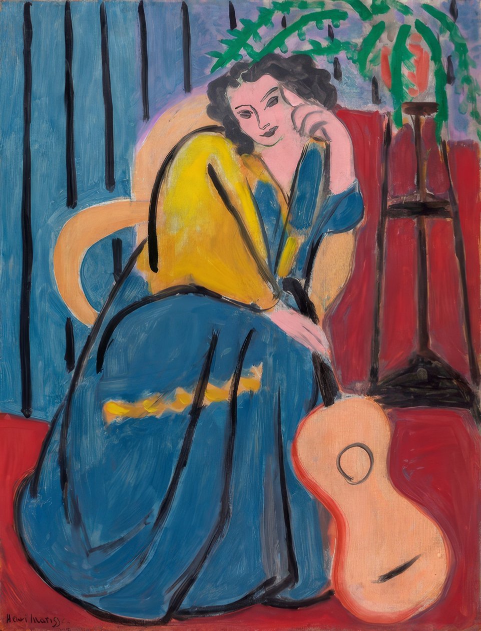 Flicka i gult och blått med gitarr av Henri Matisse