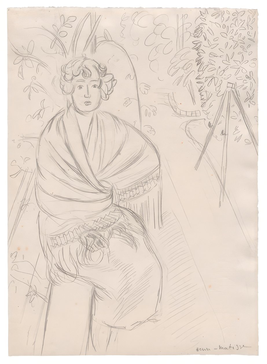 Kvinna med sjal, i en trädgård av Henri Matisse