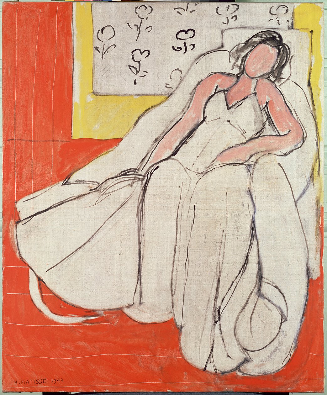 Ung kvinna i vitt med röd bakgrund av Henri Matisse