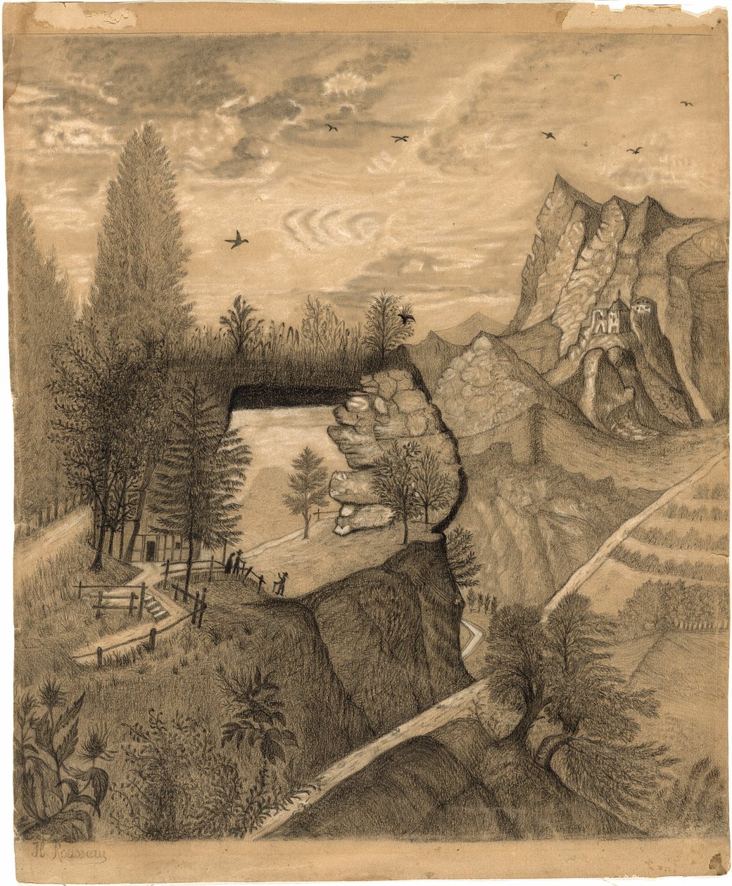 Vandrare som klättrar upp till en fjällstuga av Henri Rousseau