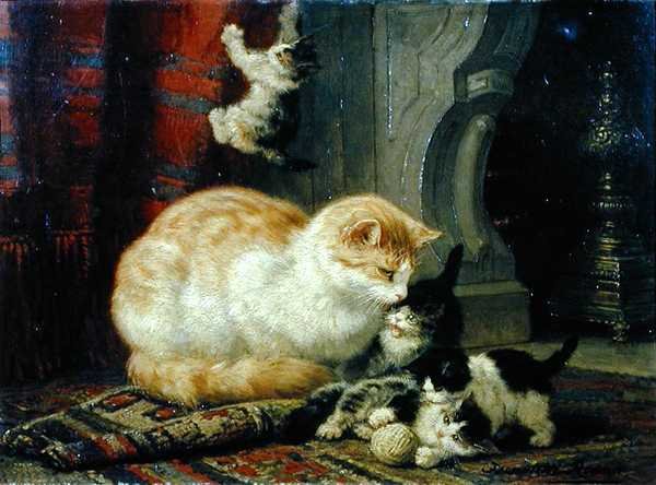 Kattungar på lek (olja på panel) av Henriette Gertruide Knip