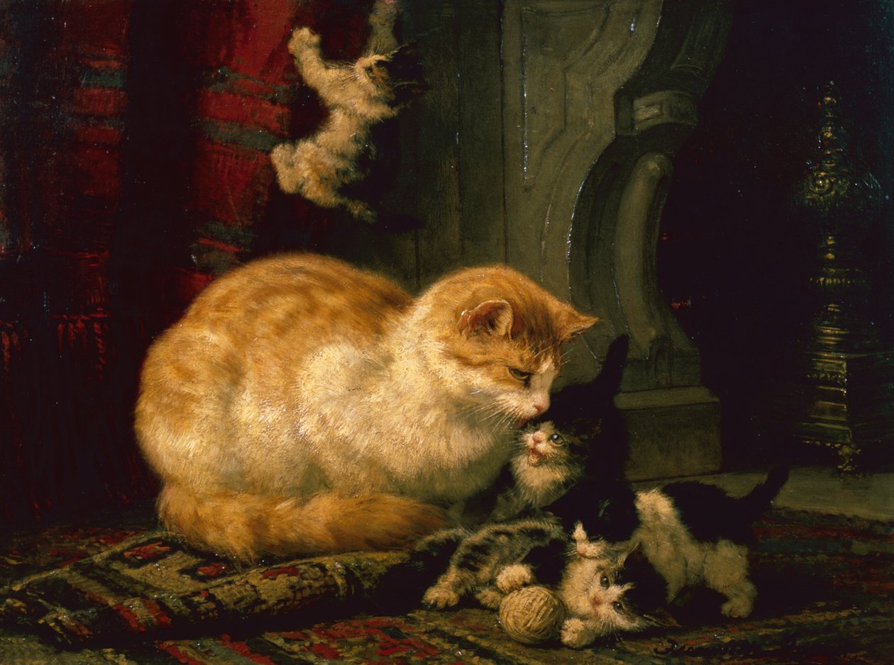 Kattungar på lek (olja på panel) av Henriëtte Ronner Knip