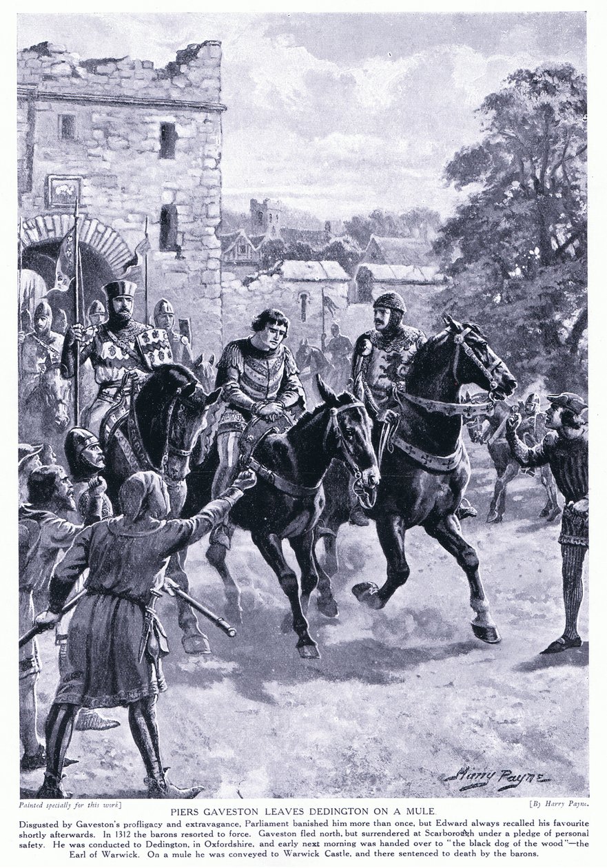 Piers Gaveston lämnar Dedington på en mula AD1312, 1920-talet av Henry A. Payne