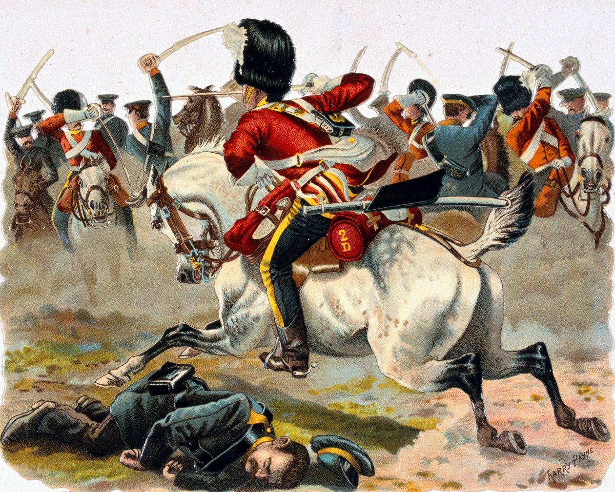Sergeant Ramage, Scots Greys, som ensam ger sig iväg för att hjälpa soldat Macpherson, 1854 (oleolitho) av Henry A. Payne
