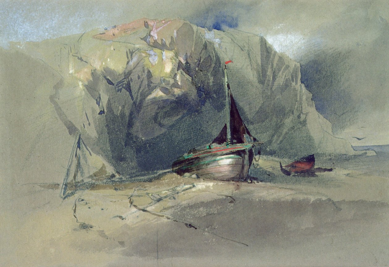 En fiskebåt och en liten båt som ligger på stranden under en klippig klippa, 1800-tal av Henry Bright