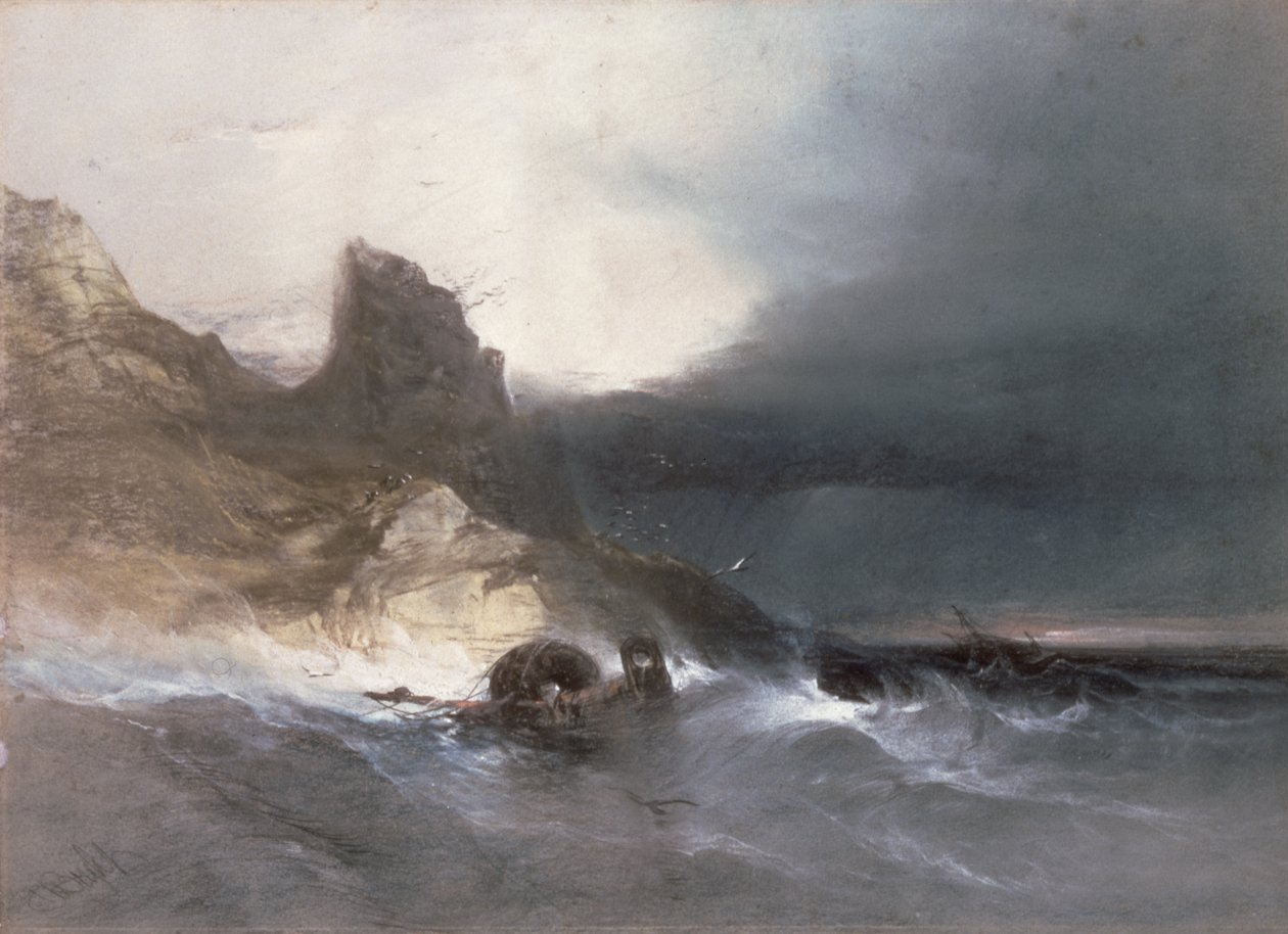 Klippiga kusten med vrak (krita på papper) av Henry Bright