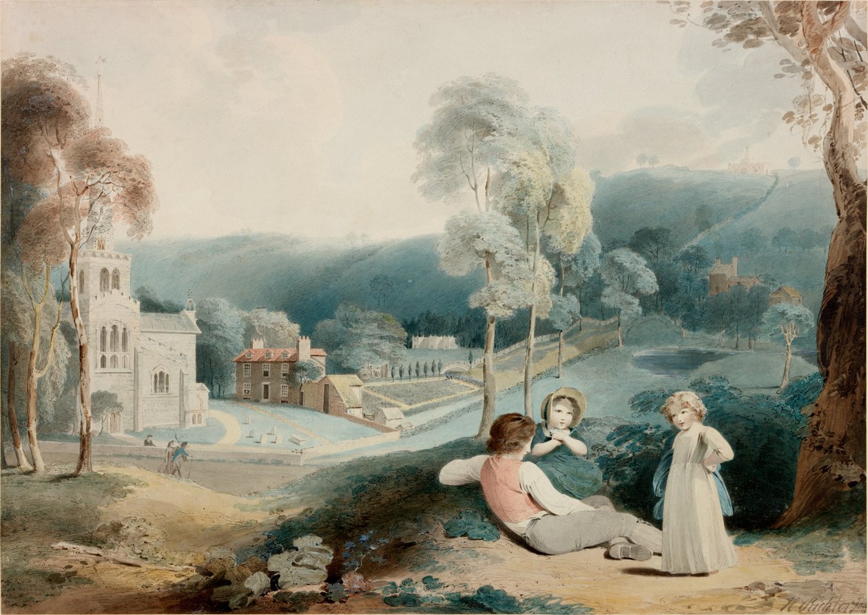 Barn i landskap med kyrka (kroppsfärg) av Henry James Richter