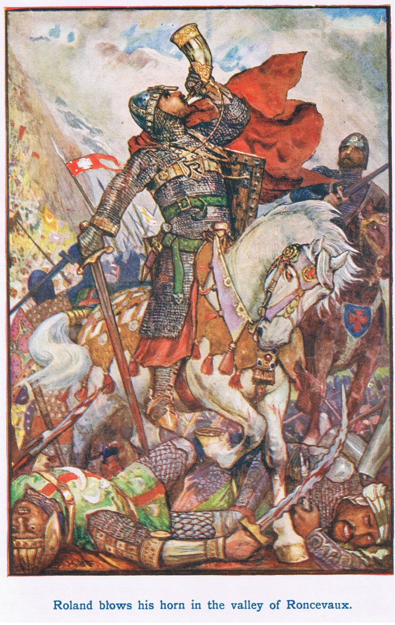 Roland blåser i horn i Roncevaux-dalen av Henry Justice Ford