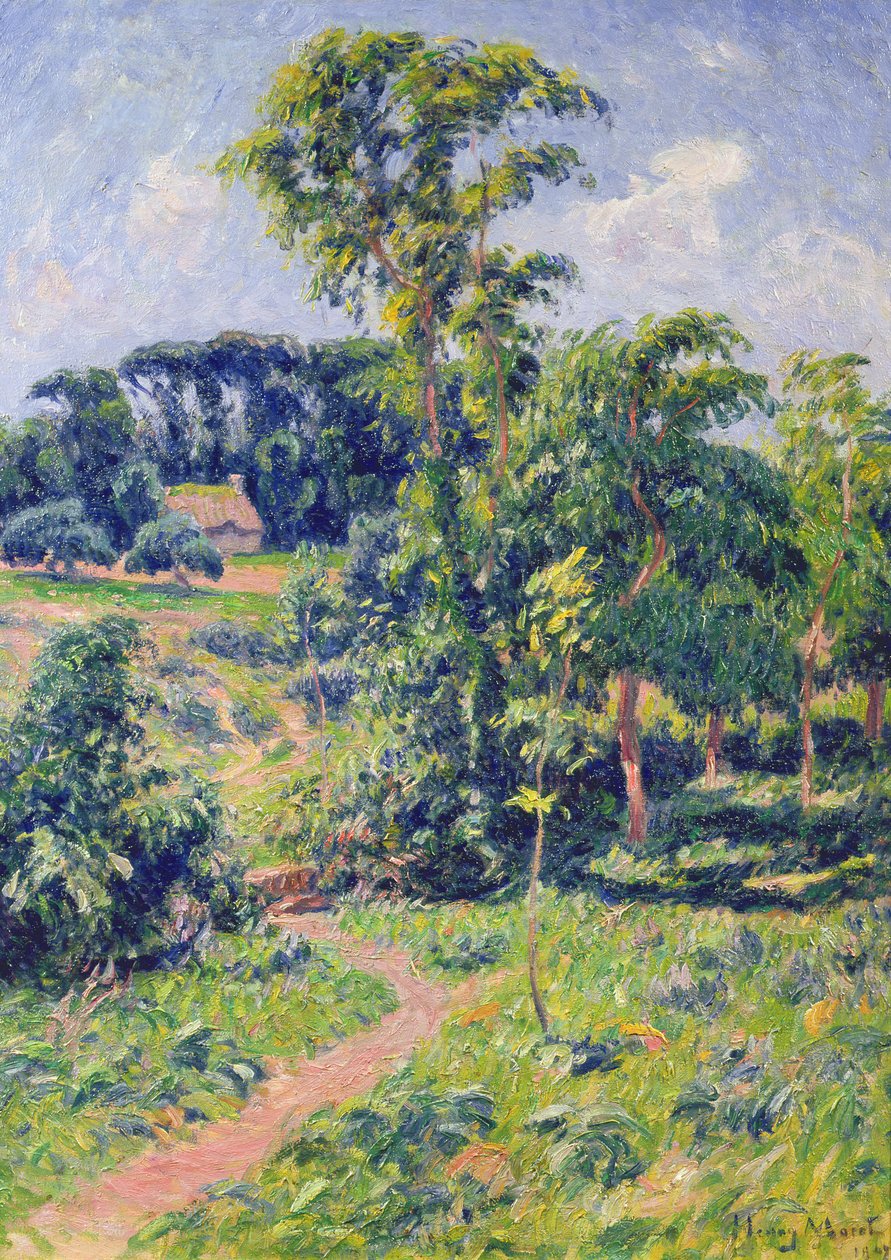 Landskap med träd och en stig som leder till en stuga av Henry Moret