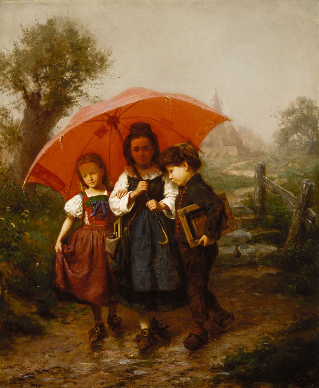 Children under a Red Umbrella av Henry Mosler
