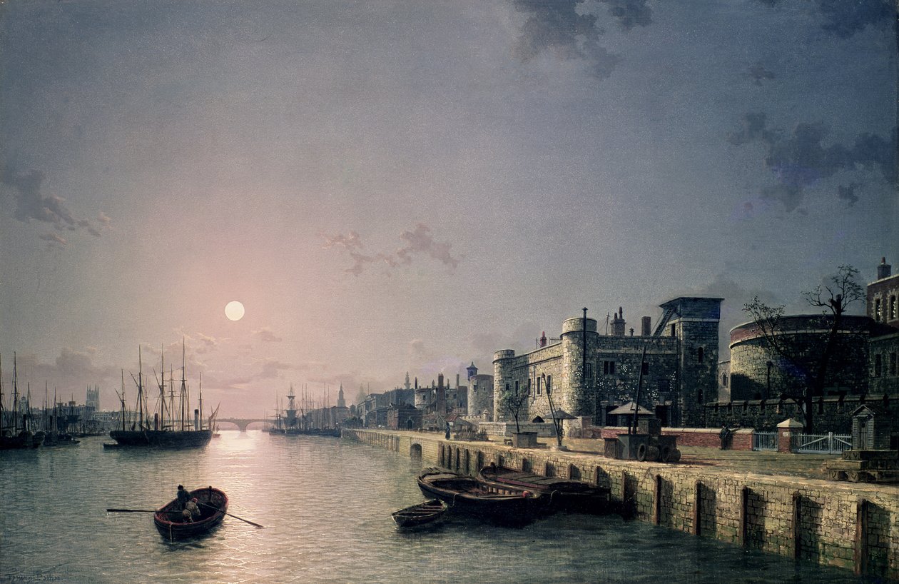 Tower of London och Themsen i månsken av Henry Pether