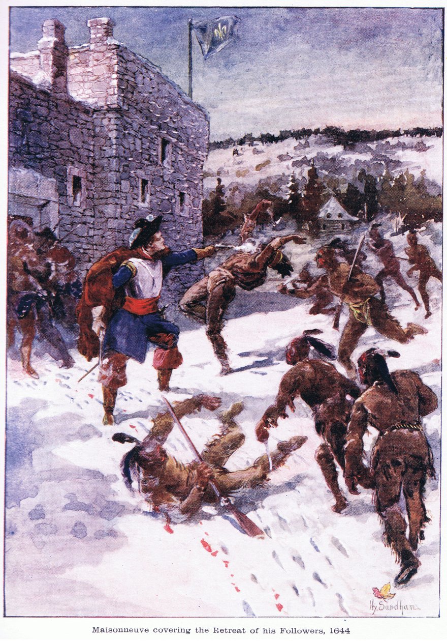 Maisonneuve som täcker sina anhängares reträtt 1644, c.1920 av Henry Sandham