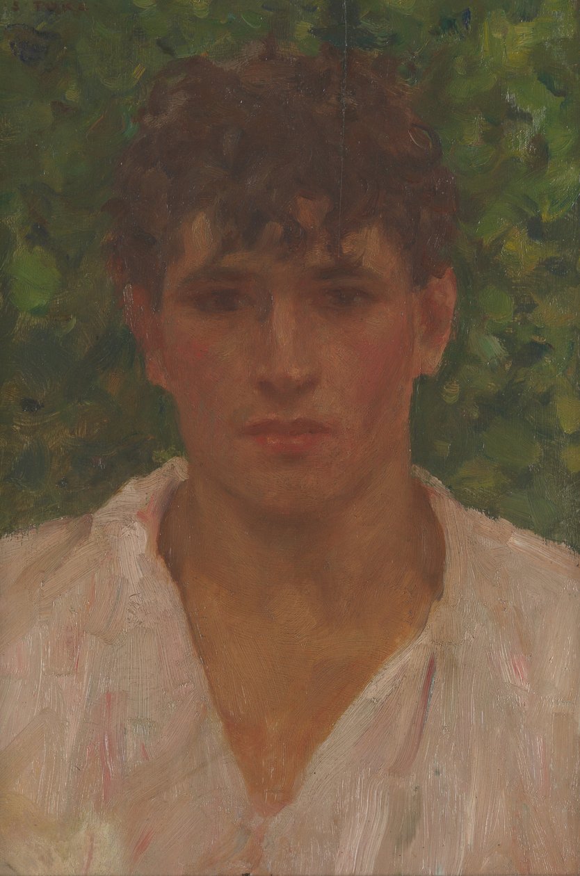 Porträtt av en ung man med öppen krage av Henry Scott Tuke
