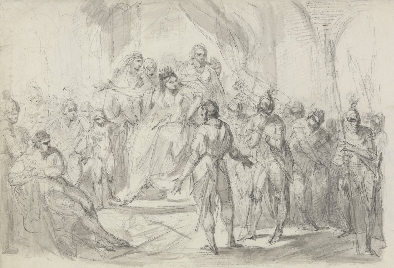 Stephen förde en fånge till kejsarinnan Mathilda (svart krita och grå tvätt på papper) av Henry Singleton