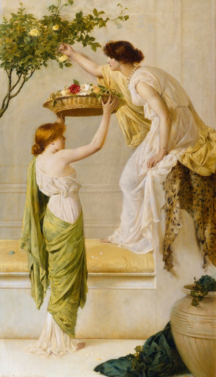En korg med rosor, grekiska flickor, ca 1890 av Henry Thomas Schaefer