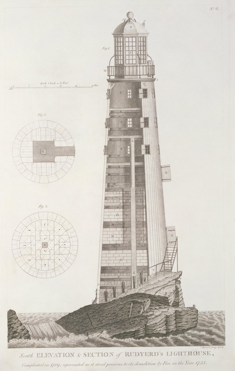 Eddystone-fyren graverad av John Record (fl.1768-80), 1784 av Henry Winstanley