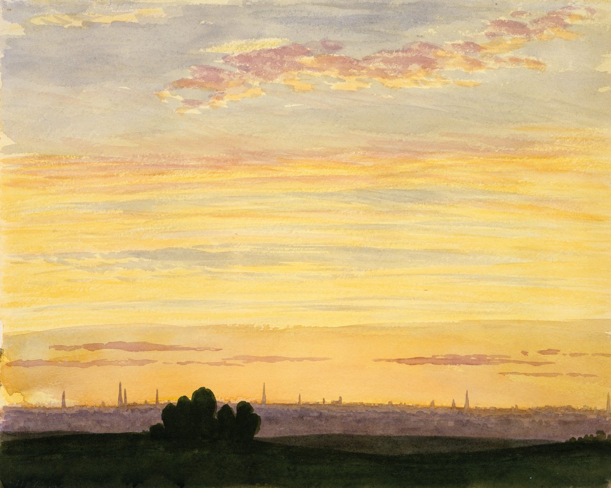 Stad och solnedgång,. av Henry Farrer