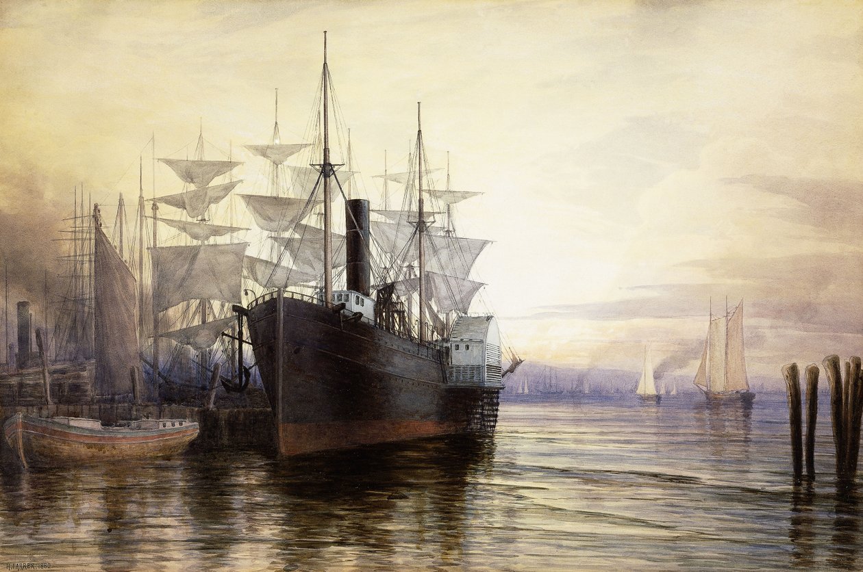 Solnedgång, New Yorks hamn, 1880 av Henry Farrer
