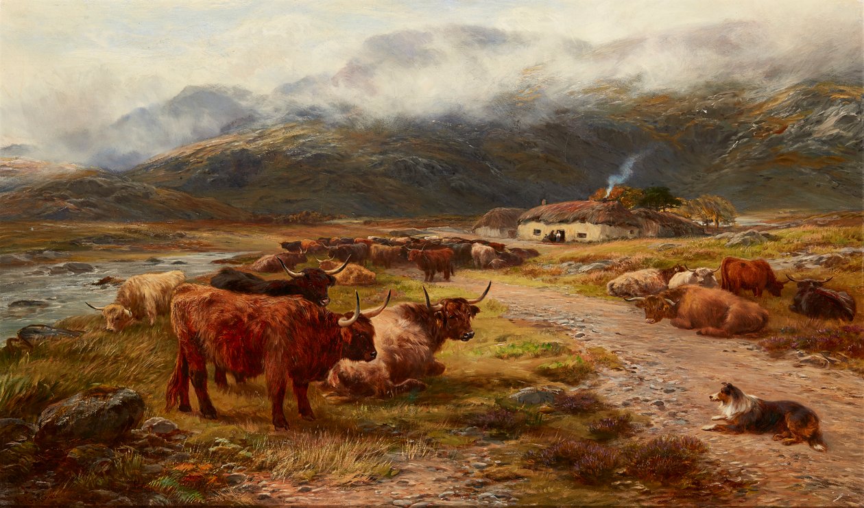 Highland Drove Resting, Argyllshire (olja på duk) av Henry Garland