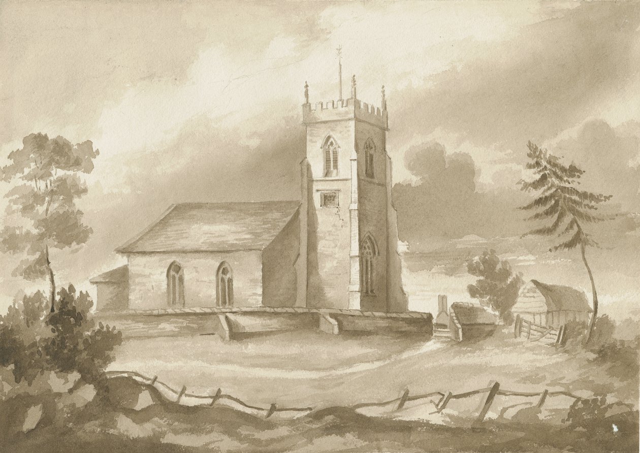 Codsall Church: sepiateckning, nd [1844] av Henry James Noyes