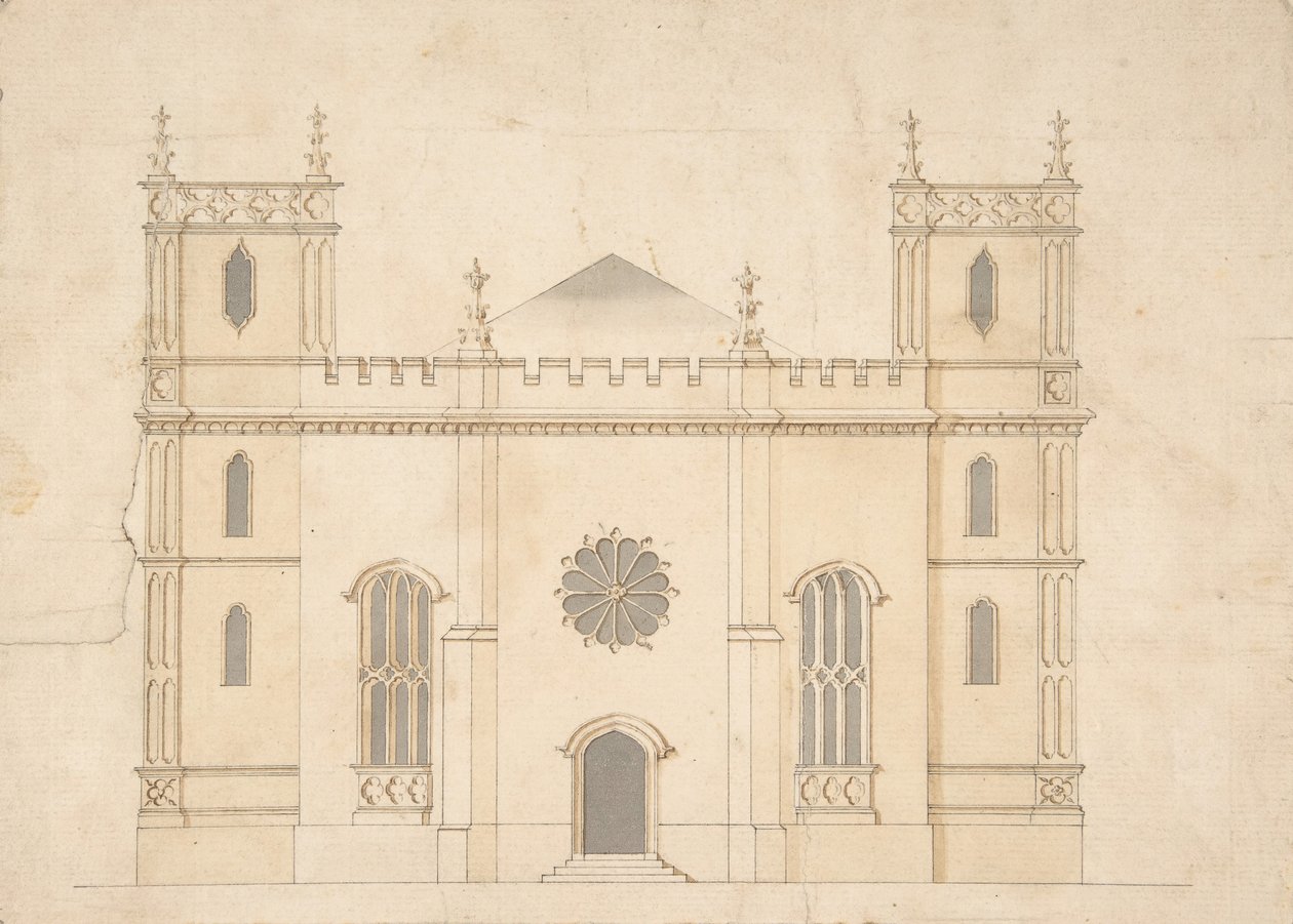 Fasad av en gotisk väckelsekyrka, 1745-76. av Henry Keene.