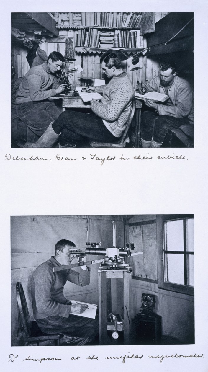 Överst: Debenham, Gran och Taylor i deras bås. Nederst: Dr Simpson vid den unifilar magnetometern. Scott