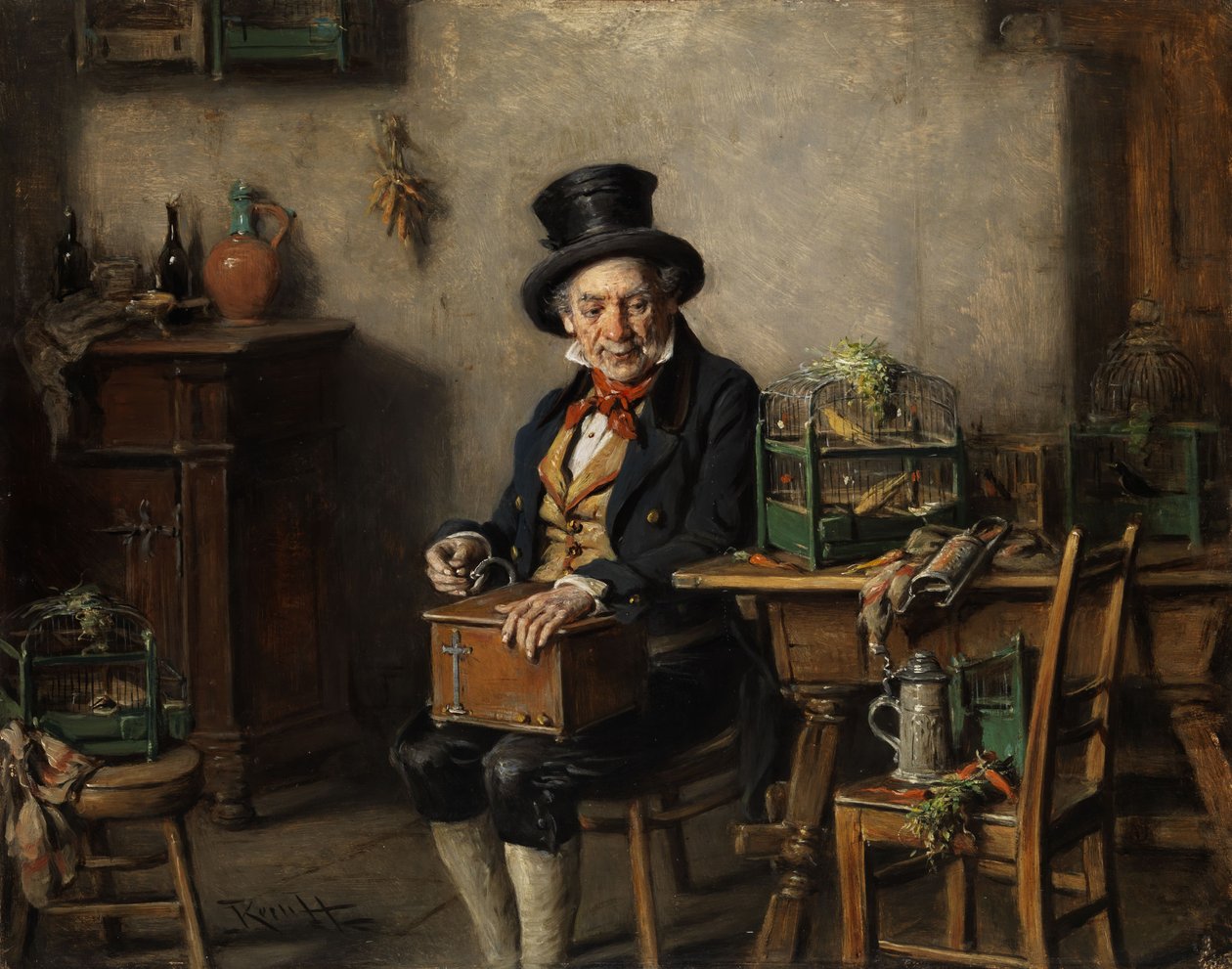 Gubbe med speldosa vid en fågelbur av Hermann Kern
