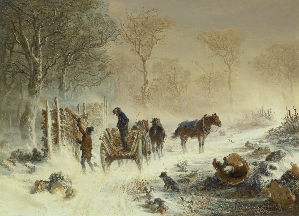 Laddar trä i snön, 1858 av Hermann Kauffmann