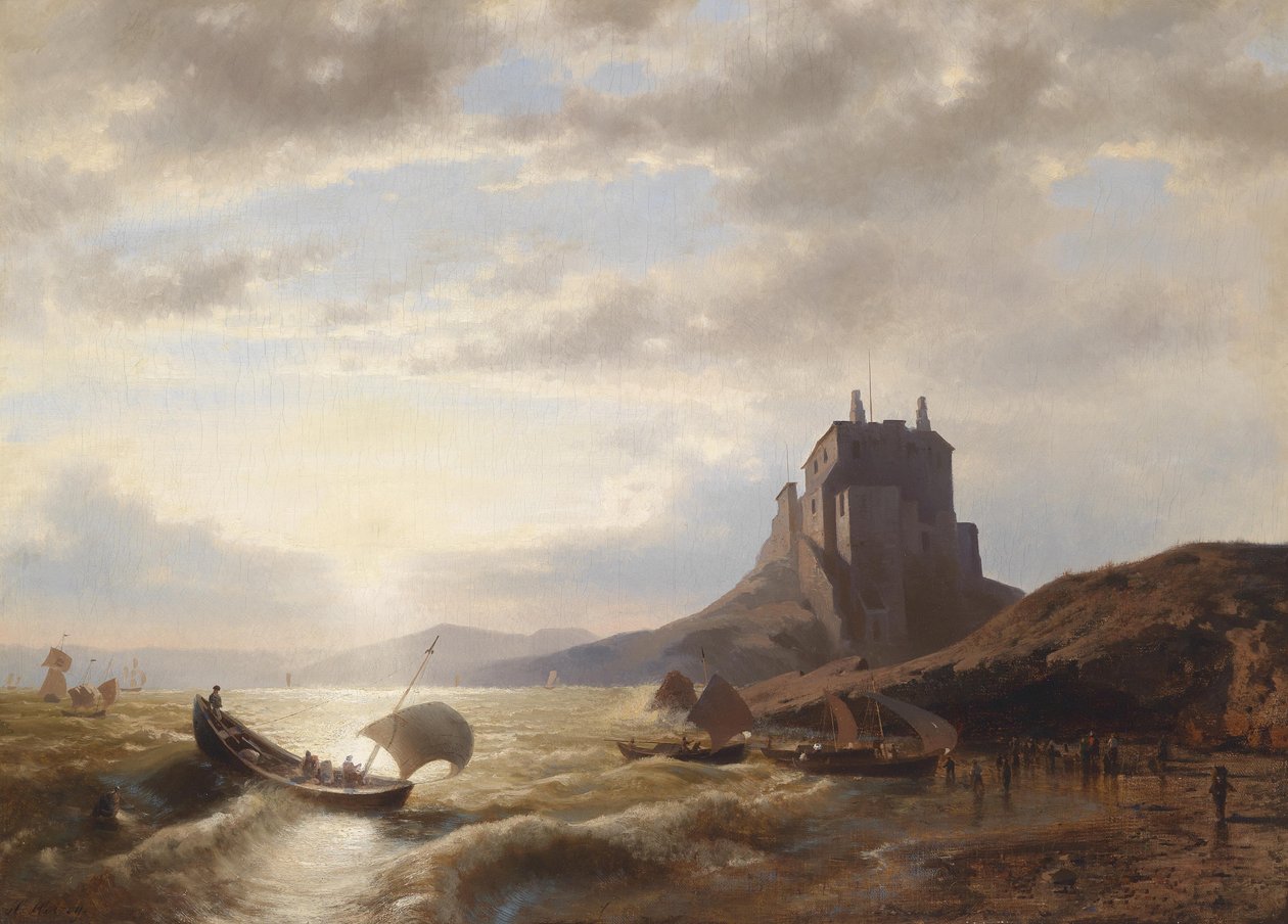 Kustlandskap med fiskare av Hermann Ottomar Herzog