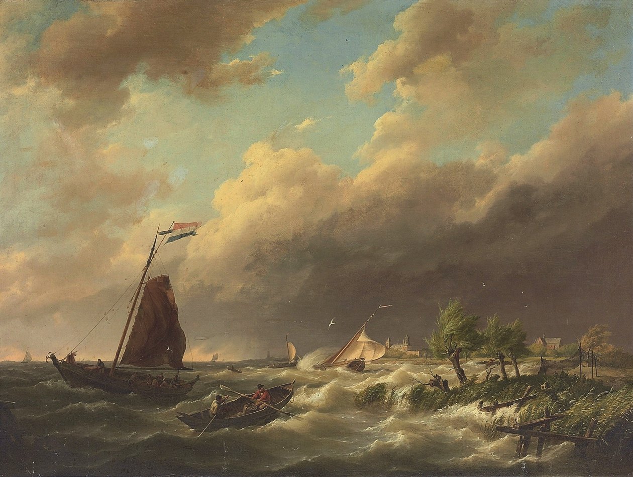 Stormigt kustlandskap med stad i bakgrunden av Hermanus Koekkoek