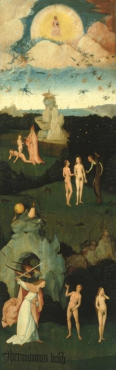 Ängelns fall, Evas skapelse, människans fall, utvisning från paradiset av Hieronymus Bosch