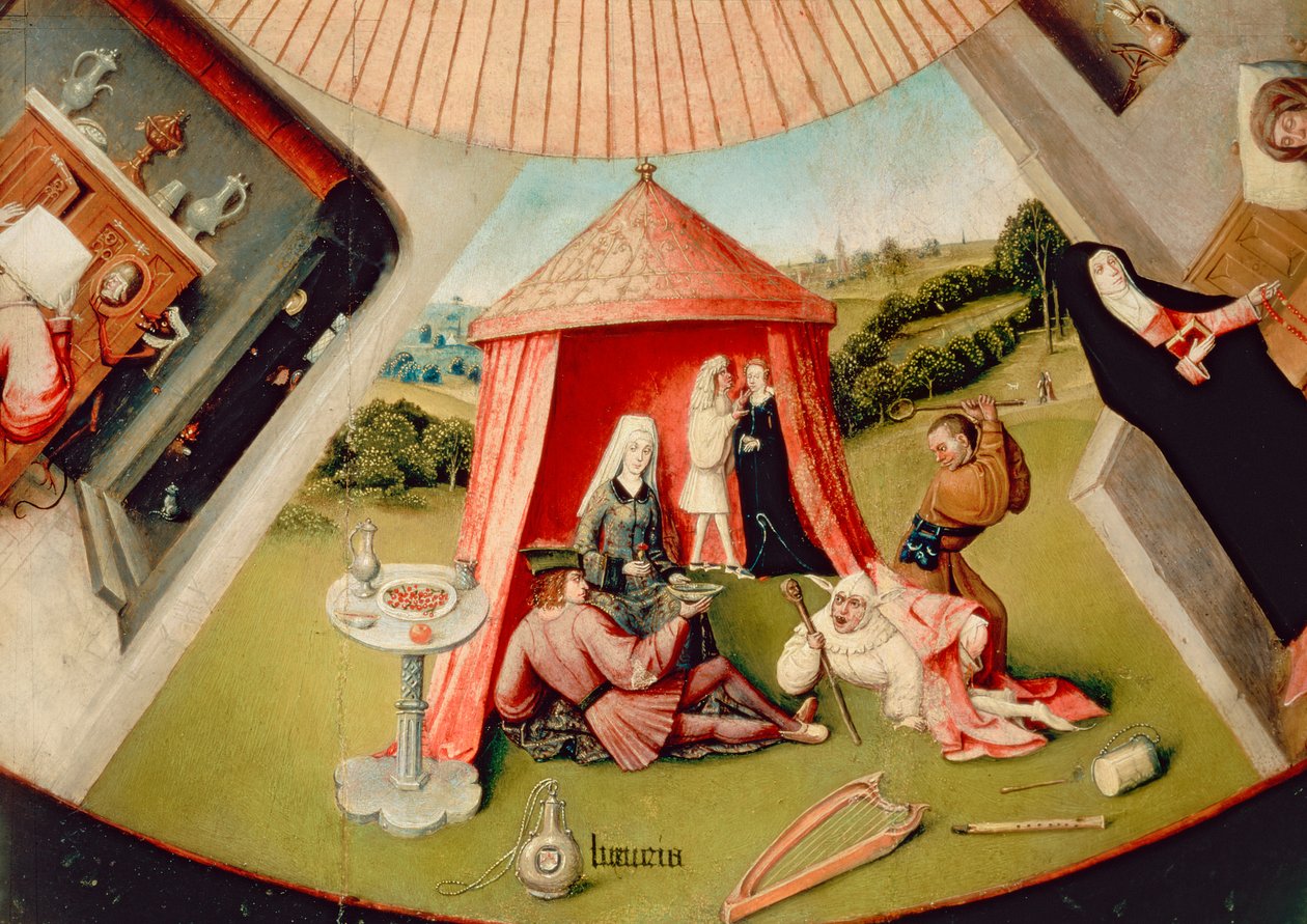 Luksus, detalje fra Tabellen over de syv dødssynder og de fire sidste ting, ca. 1480 (detalje fra 169586) swed av Hieronymus Bosch