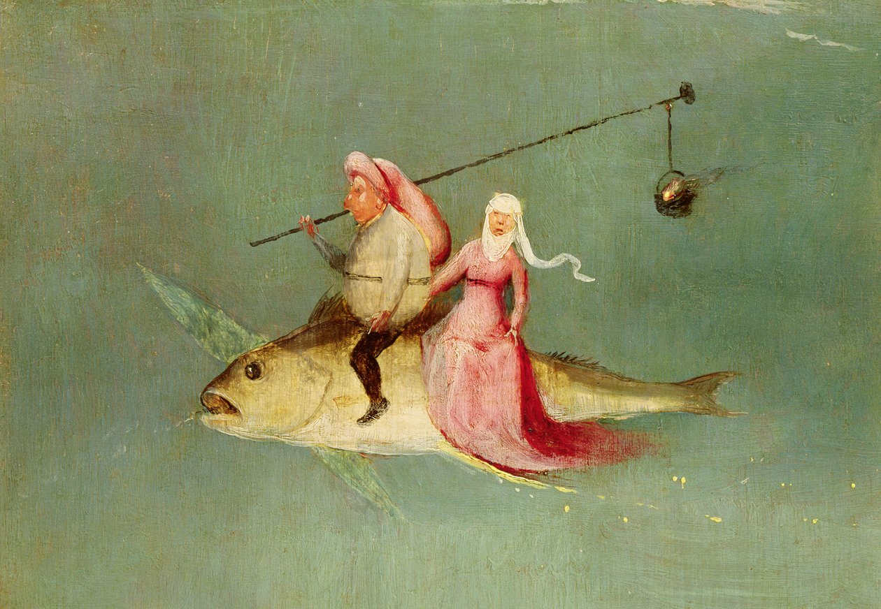 The Temptation of St. Anthony, högra panelen, detalj av ett par som rider på en fisk (se 35965) av Hieronymus Bosch