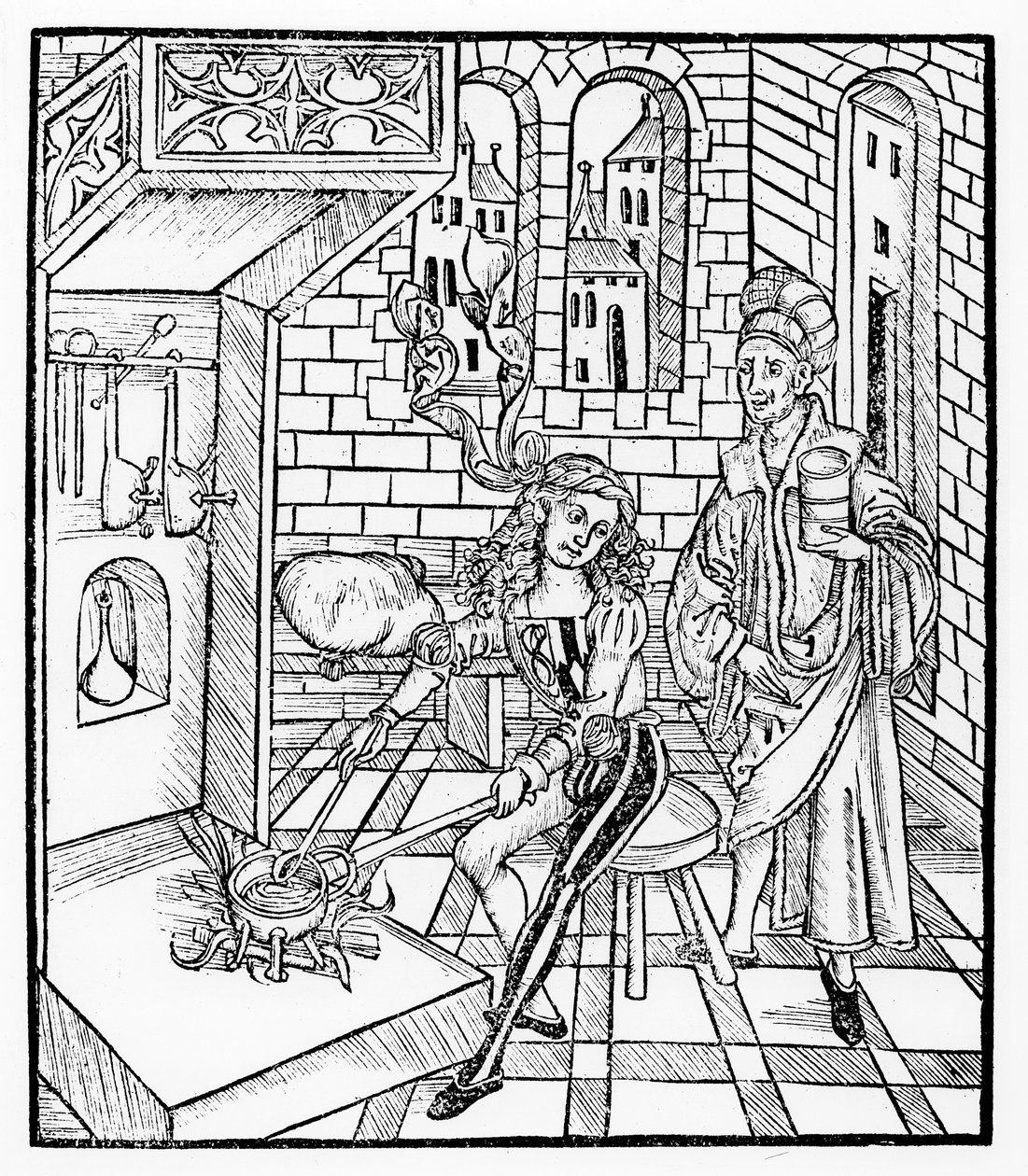 Kirurgens assistent som värmer medicin, ur "Das Buch der Cirugia", utgiven i Strasbourg 1497. av Hieronymus Brunschwig