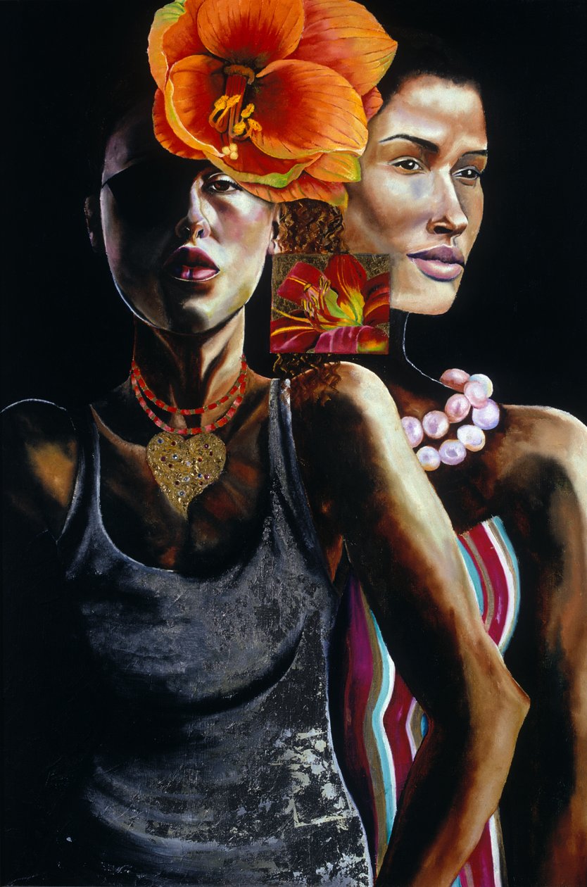 At the Club, 2003 (olja med metallblad ombord) av Hilary Dunne