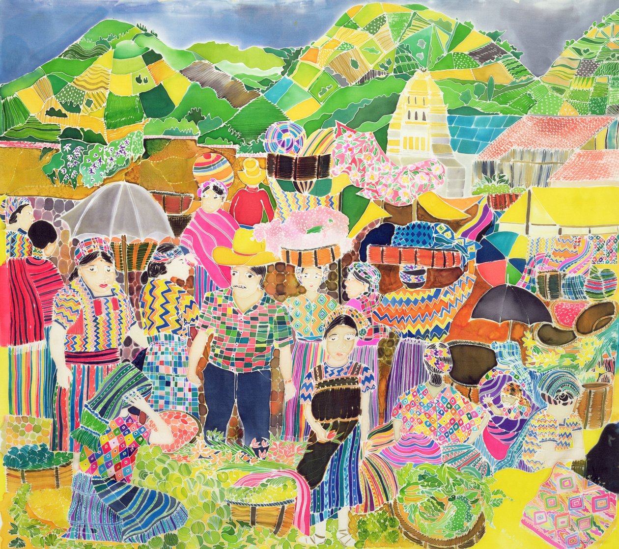 Almolonga Market (färgat bläck på siden) av Hilary Simon