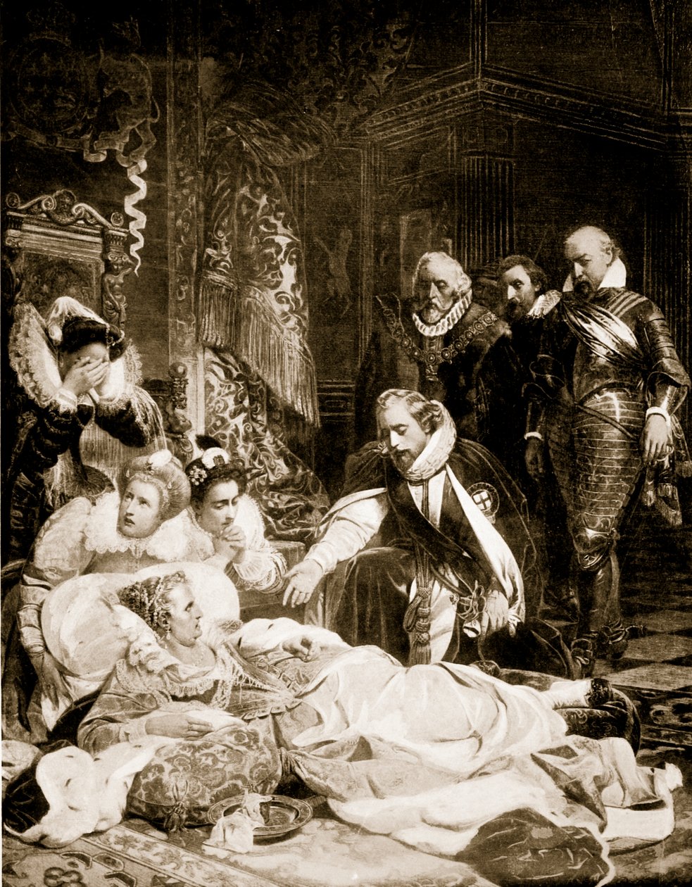Drottning Elizabeths död, 24 mars 1603, illustration från Hutchinsons "Story of the British Nation", ca 1920. av Hippolyte Delaroche