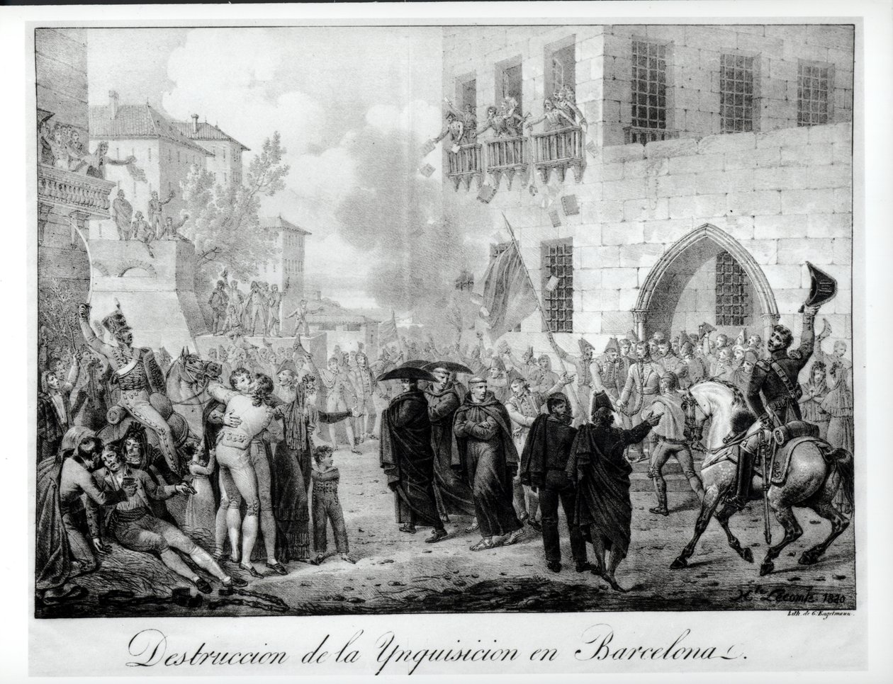 Förstörelse av inkvisitionen i Barcelona, 10 mars 1820, graverad av Godefroy Engelmann (1788-1839) av Hippolyte Lecomte