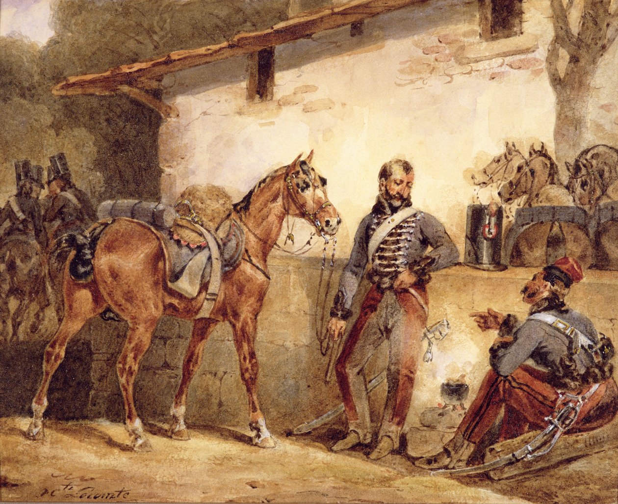Franska soldater som vilar, 1831 (wc och gouache på papper) av Hippolyte Lecomte