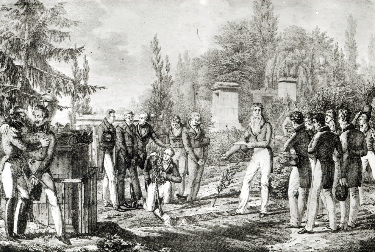 Studenter från Ecole Polytechnique vid Gaspard Monges (1746-1818) grav, september 1818. av Hippolyte Lecomte