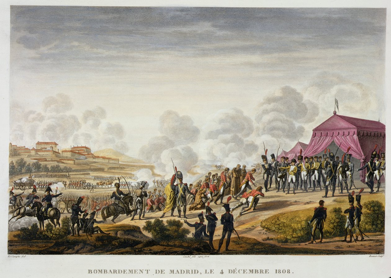 Bombardemanget av Madrid, 4 december 1808, graverat av Edme Bovinet (1782-1832) (akvatint) av Hippolyte Lecomte