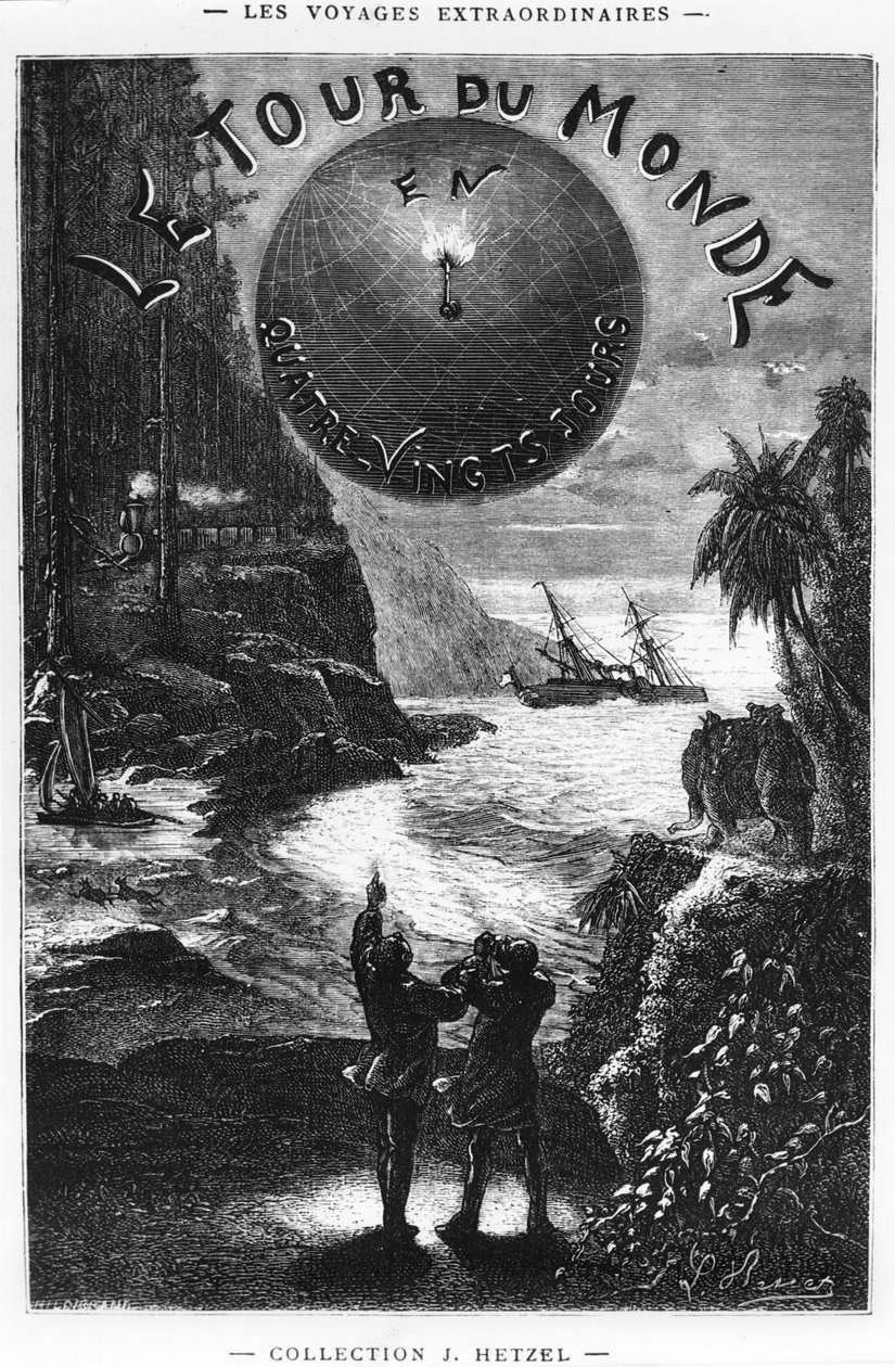 Frontispice av "Jorden runt på åttio dagar" av Jules Verne (1828-1905) Paris, Hetzel, sent 1800-tal av Hippolyte Leon Benett
