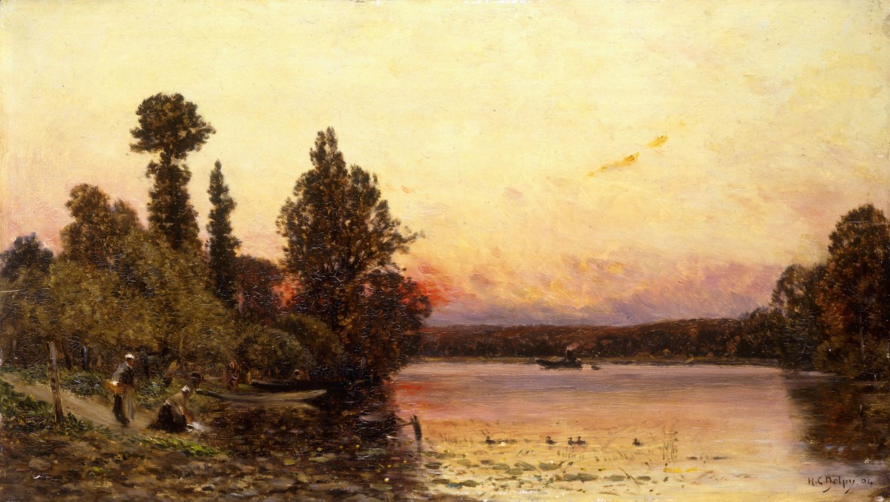 Solnedgång, vid flodens kant, 1904 av Hippolyte Camille Delpy