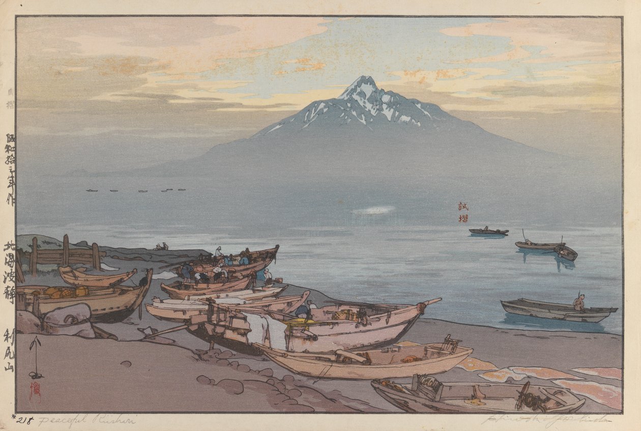 Peaceful Rishiri (träblocktryck på papper) av Hiroshi Yoshida