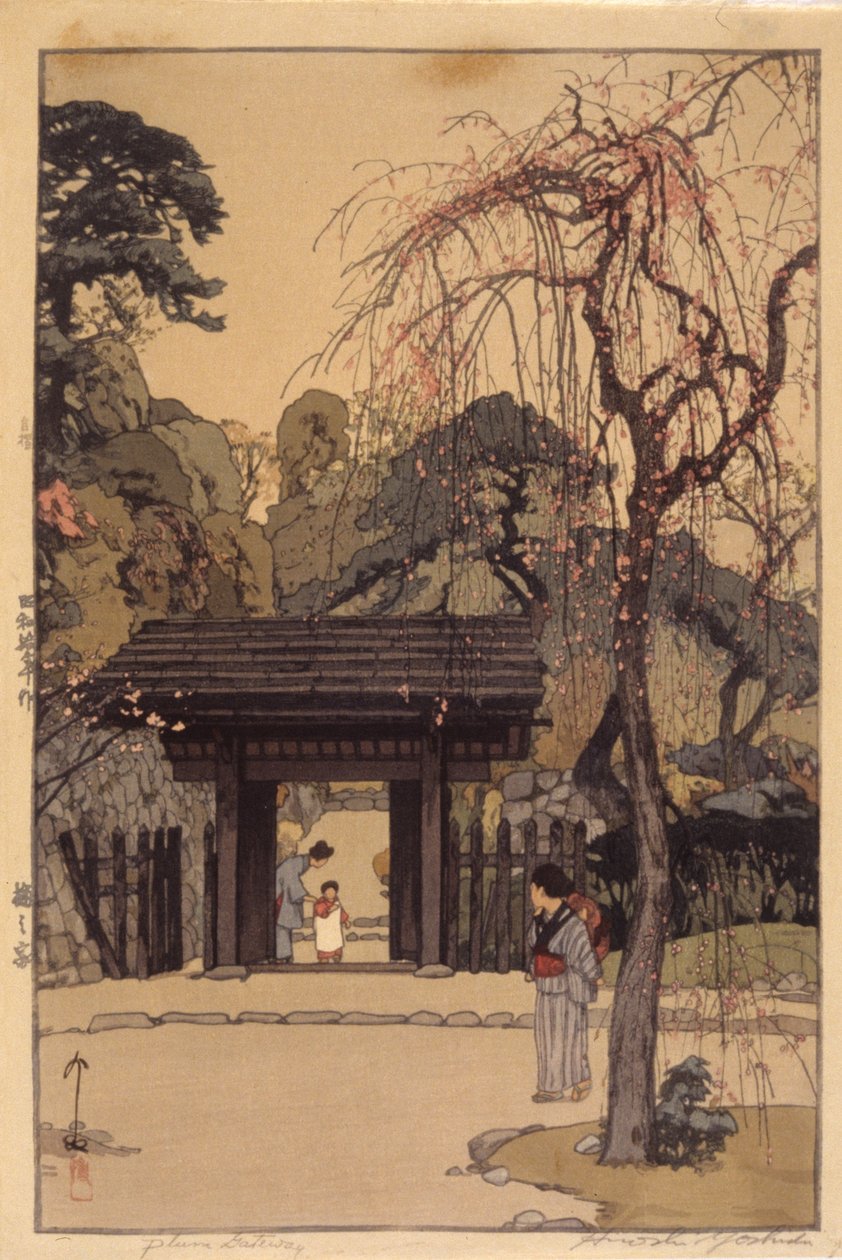 Plum Gateway (trätryck i färg) av Hiroshi Yoshida