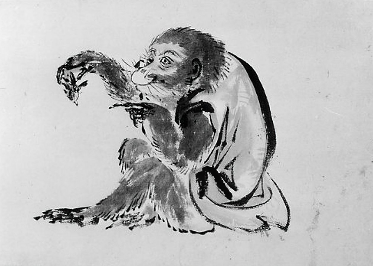Apa och bi, 1800-talet. av Hokusai School.