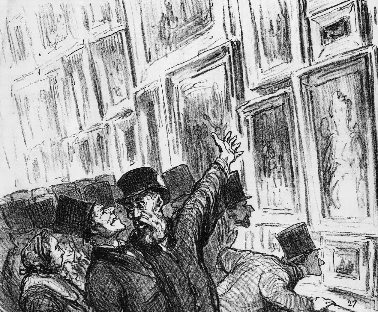 Konstnär som tröstas på 1859 års Parissalong över positionen för hans verk i utställningen, tecknad serie från tidningen "Le Charivari", 20 april 1859 av Honoré Daumier
