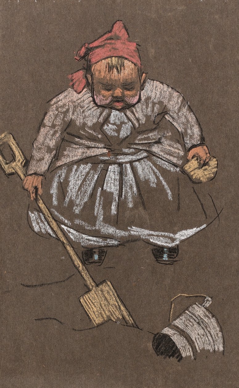 Evangeline, konstnärens dotter, på stranden, ca 1900 (färgkrita på papper) av Horace Mann Livens