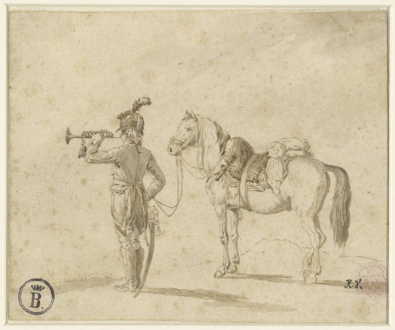 Trumpetare bredvid häst av Emile Jean Horace Vernet