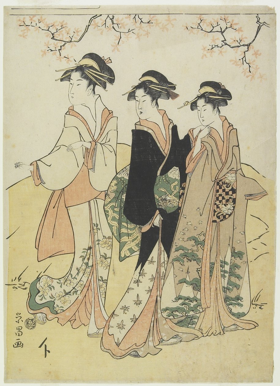 (Tre kurtisaner under Cherry Tree), ca. 1790-talet av Hosoda Eisho